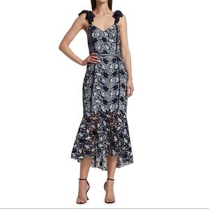 ML Monique Lhuillier NWT Embroidered Floral Lace Flounce Midi Dress Size 10